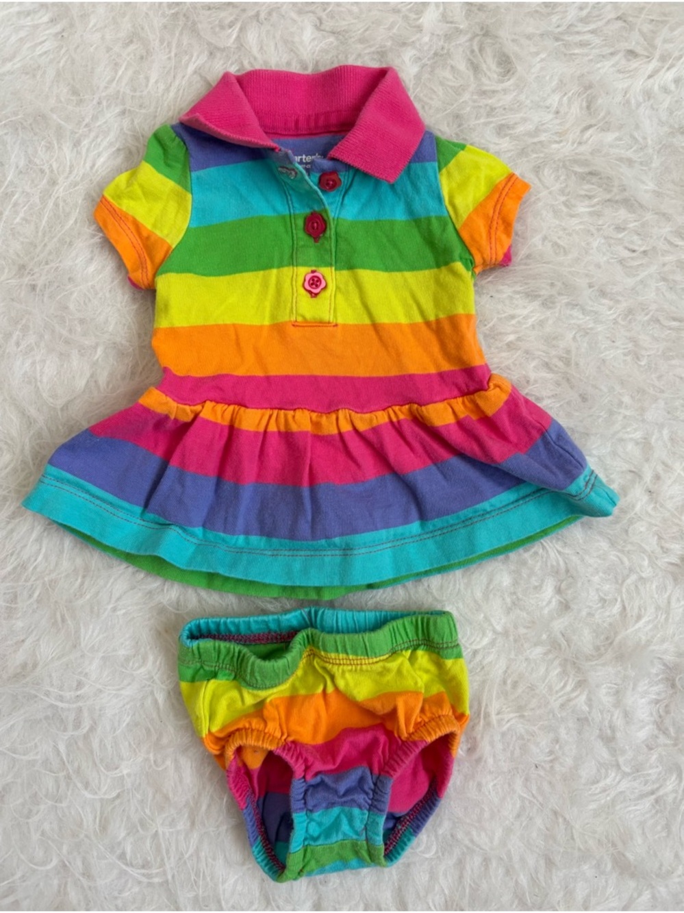 Y2K Vintage Carter's Bright Rainbow Striped Baby Polo Dress & Bloomers